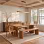 A warm wood dining room set with our Rounded Corner Timber Dining Table in White Oak Clear. Featuring matching tapered leg chairs, waterfall benches, and our Prairie Storage Cabinet.