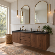 72" Modern Floating Wood Vanity / Double Sink Pictured In Walnut Clear Featured with our <a href="https://wwmake.com/products/concrete-vanity-top-double-rectangle-undermount-sinks"> Concrete Vanity Top / Double Rectangular Undermount Sink </a> Pictured In Black Concrete
