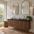 72" Modern Floating Wood Vanity / Double Sink Pictured In Walnut Clear Featured with our <a href="https://wwmake.com/products/concrete-vanity-top-double-rectangle-undermount-sinks"> Concrete Vanity Top / Double Rectangular Undermount Sink </a> Pictured In Black Concrete