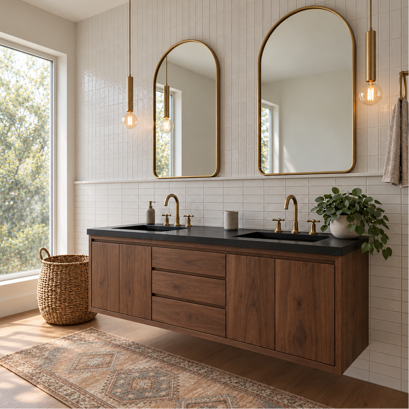 72" Modern Floating Wood Vanity / Double Sink Pictured In Walnut Clear Featured with our <a href="https://wwmake.com/products/concrete-vanity-top-double-rectangle-undermount-sinks"> Concrete Vanity Top / Double Rectangular Undermount Sink </a> Pictured In Black Concrete