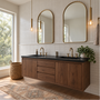 72" Modern Floating Wood Vanity / Double Sink Pictured In Walnut Clear Featured with our <a href="https://wwmake.com/products/concrete-vanity-top-double-rectangle-undermount-sinks"> Concrete Vanity Top / Double Rectangular Undermount Sink </a> Pictured In Black Concrete
