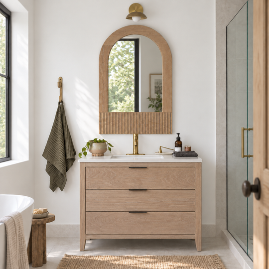 Archie solid wood mirror featured in white oak natural. Paired with the Mid Century Modern 42