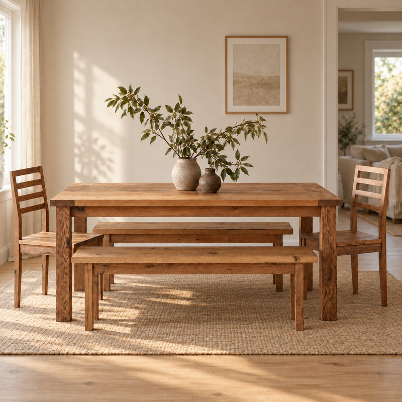 Our farmhouse solid wood dining table set in a bright, modern dining room with matching wood chairs and benches.