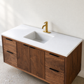 Soft White Quartz single sink vanity top with a rectangular sink on our solid walnut floating vanity.
