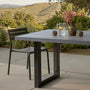 Industrial Modern Indoor/ Outdoor Concrete Dining Table Pictured in Gray Concrete and Blackened Metal