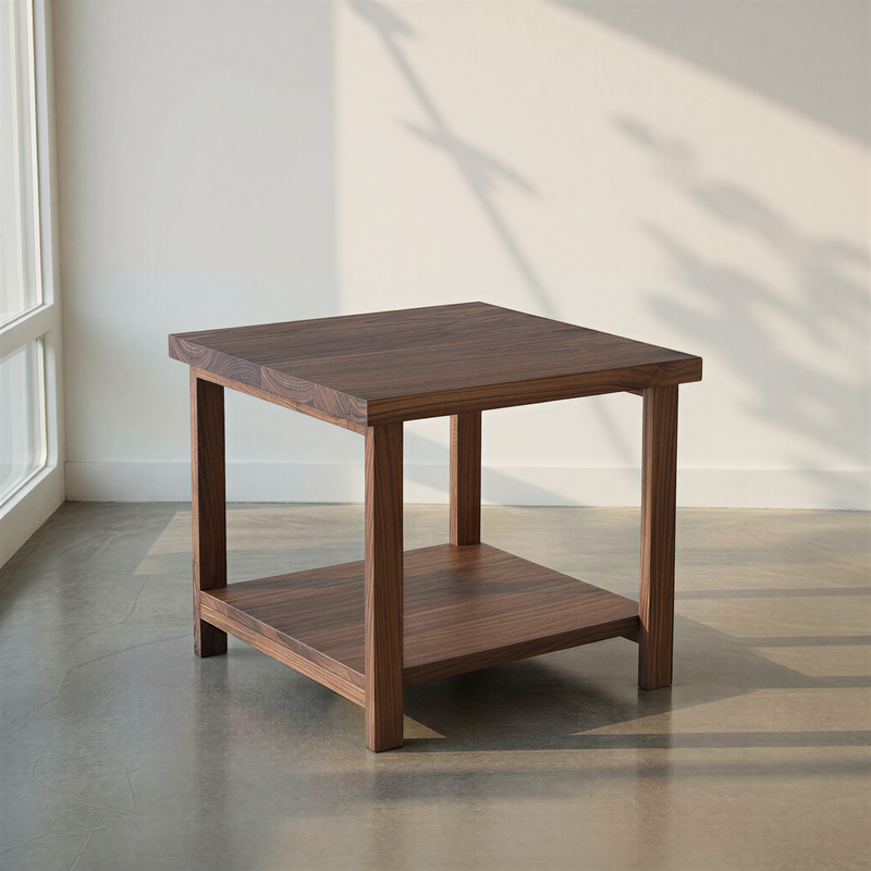 Solid Wood End Table With Lower Shelf Pictured In Walnut Clear