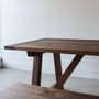 Farmhouse Trestle Dining Table Pictured In Walnut Clear Featured with our &lt;a href=&quot;/products/trestle-wood-dining-bench&quot;&gt;Trestle Wood Bench&lt;/a&gt; in Walnut Clear