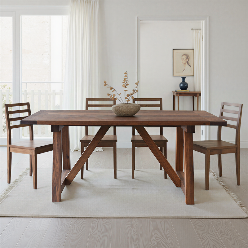 Farmhouse Trestle Dining Table  Pictured In Walnut Clear Featured with our &lt;a href=&quot;https://wwmake.com/products/reclaimed-wood-dining-chairs-barnwood-dining-chairs&quot;&gt;Farmhouse Wood Dining Chair&lt;/a&gt; in Walnut Clear