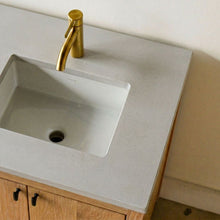 Quartz Offset Bathroom Vanity Top / Single Sink. Pictured in Soft Gray.