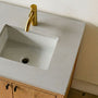 Quartz Offset Bathroom Vanity Top / Single Sink. Pictured in Soft Gray.