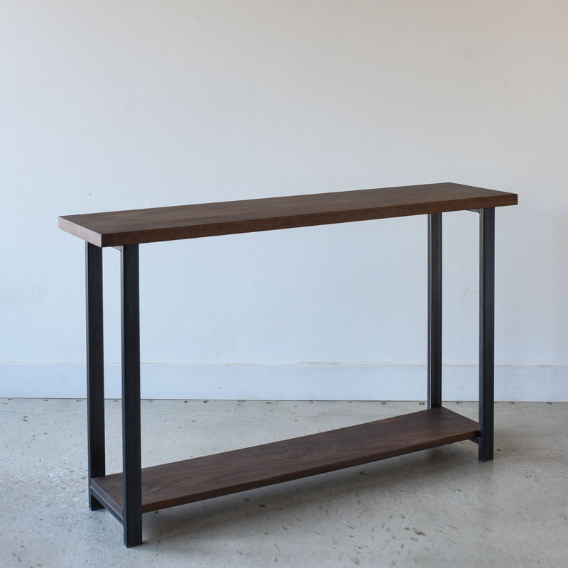 Industrial Modern Console Table with Lower Shelf - Specifications: sleek metal frame paired with solid wood surfaces for versatile use.