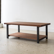 Industrial Modern Coffee Table With Lower Shelf Pictured In Walnut Clear Blackened Metal 