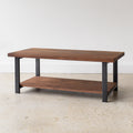 Industrial Modern Coffee Table With Lower Shelf Pictured In Walnut Clear Blackened Metal 