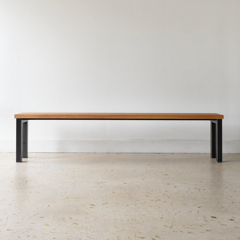 Wide Steel Frame Bench Pictured In White Oak Clear &amp; Blackened Metal