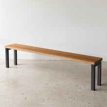 Wide Steel Frame Bench Pictured In White Oak Clear &amp; Blackened Metal