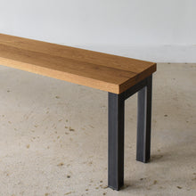 Wide Steel Frame Bench Pictured In White Oak Clear &amp; Blackened Metal