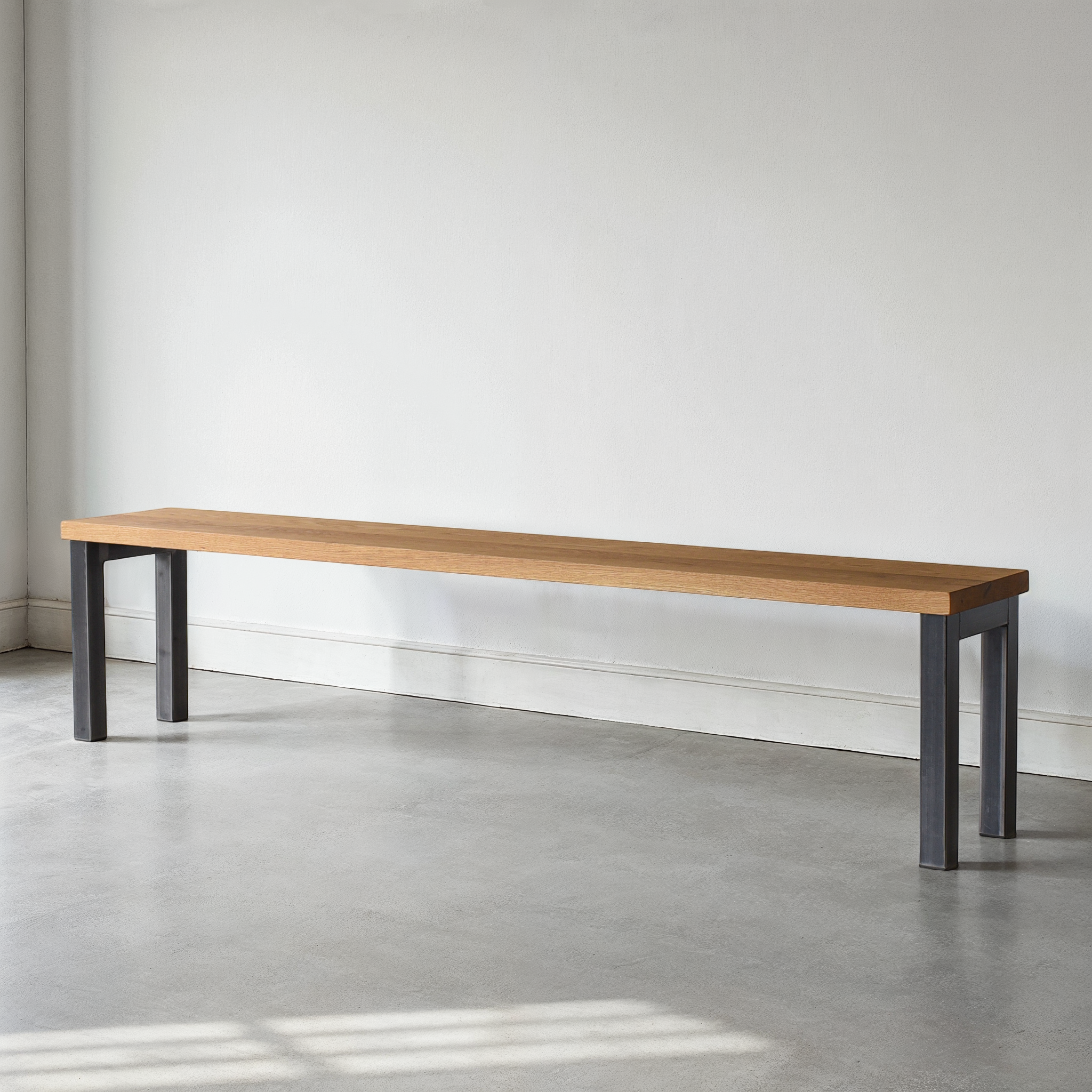 Wide Steel Frame Bench Pictured In White Oak Clear & Blackened Metal
