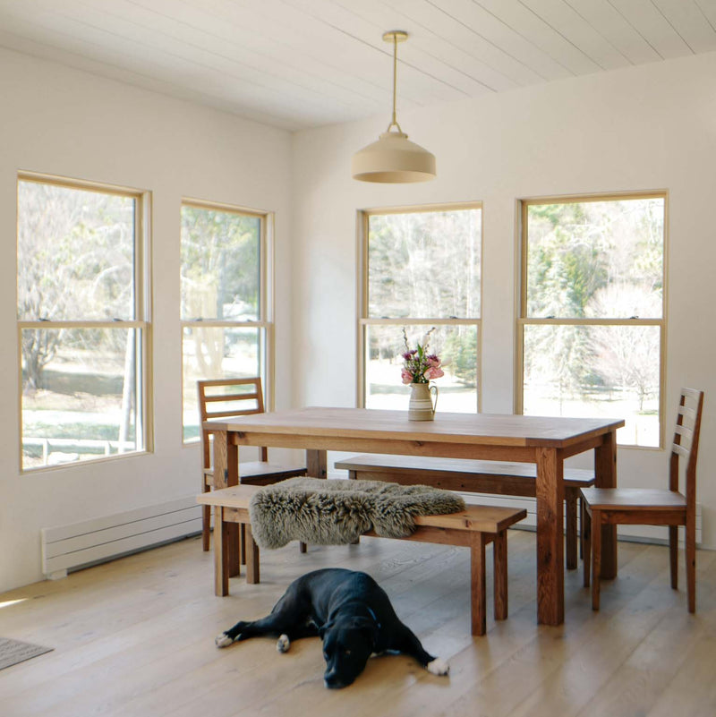 Breadboard Farmhouse Dining Table Featured with our &lt;a href=&quot;https://wwmake.com/products/reclaimed-wood-dining-chairs-barnwood-dining-chairs&quot;&gt; Farmhouse Wood Dining Chairs&lt;/a&gt; in Reclaimed Oak Clear and featured with our &lt;a href=&quot;https://wwmake.com/products/reclaimed-wood-plank-bench&quot;&gt; Plank Wood bench &lt;/a&gt; in Reclaimed Oak Clear