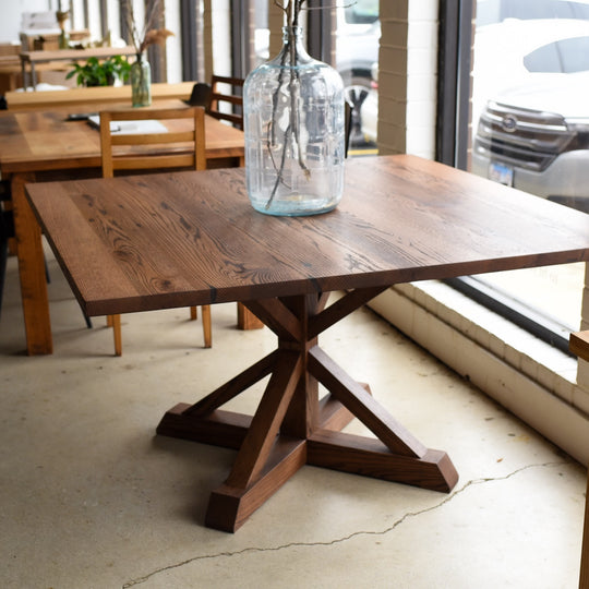 In stock 54" x 54" Reclaimed Oak Walnut Farmhouse Dining Table with Pedestal Base — Ready to Ship