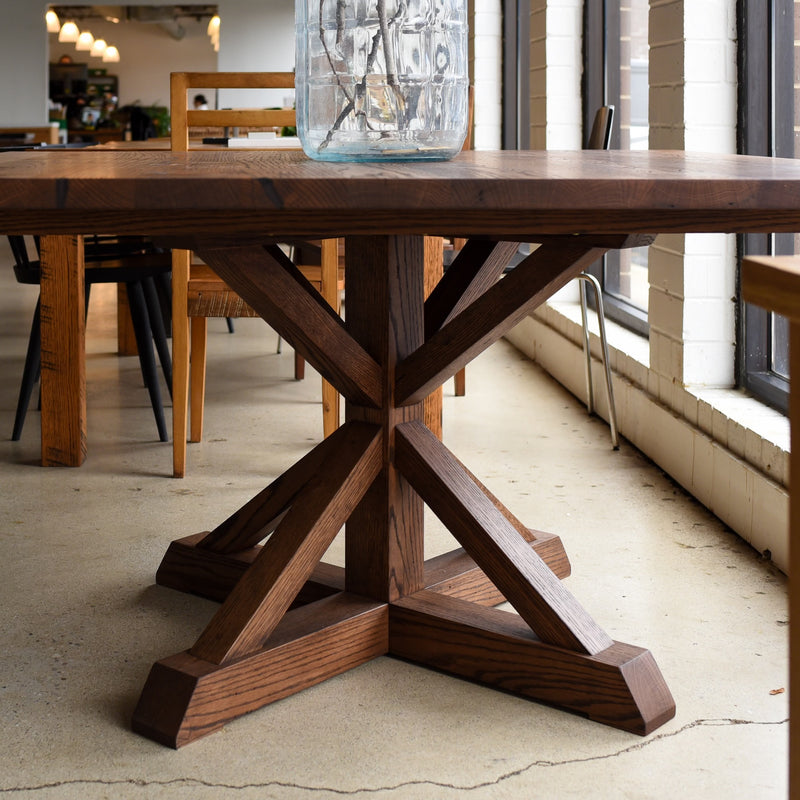 In stock 54" x 54" Reclaimed Oak Walnut Farmhouse Dining Table with Pedestal Base — Ready to Ship
