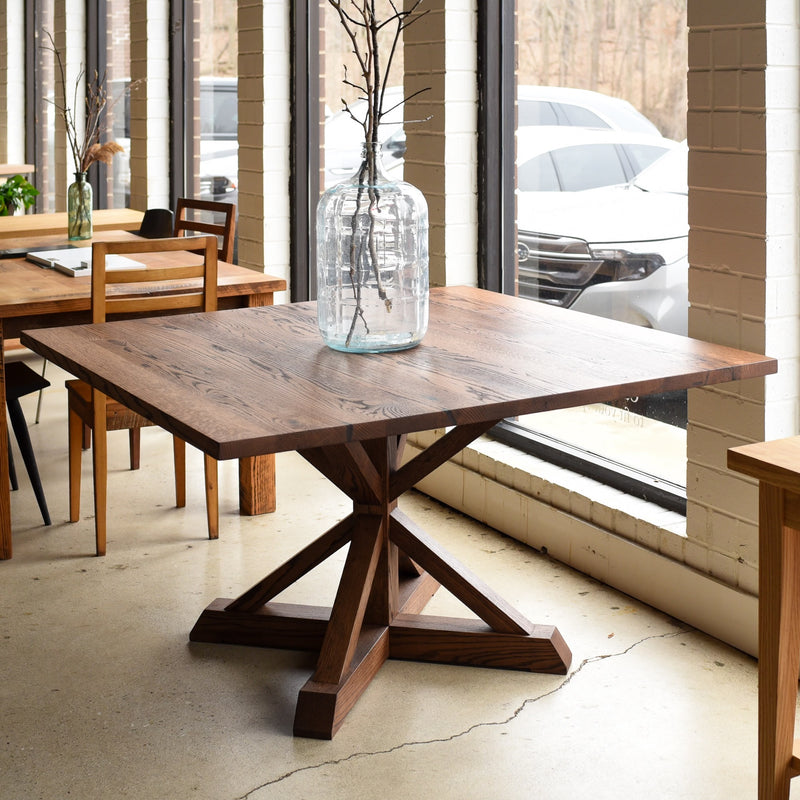 In stock 54" x 54" Reclaimed Oak Walnut Farmhouse Dining Table with Pedestal Base — Ready to Ship