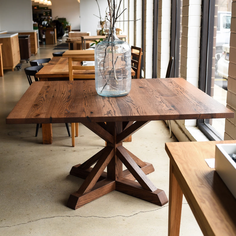 In stock 54" x 54" Reclaimed Oak Walnut Farmhouse Dining Table with Pedestal Base — Ready to Ship