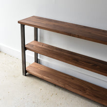 Long Farmhouse Wood + Metal Bookshelf Pictured In Walnut Clear &amp; Blackened Metal