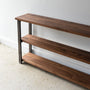 Long Farmhouse Wood + Metal Bookshelf Pictured In Walnut Clear &amp; Blackened Metal