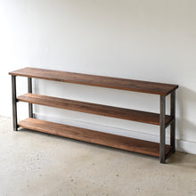 Long Farmhouse Wood + Metal Bookshelf Pictured In Walnut Clear &amp; Blackened Metal