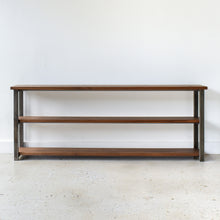 Long Farmhouse Wood + Metal Bookshelf Pictured In Walnut Clear &amp; Blackened Metal