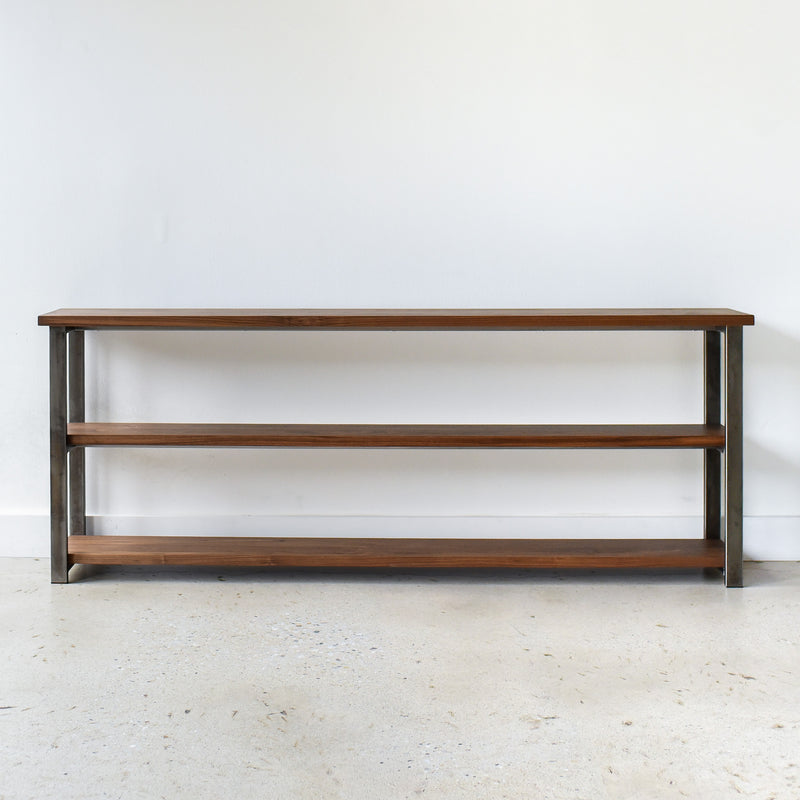 Long Farmhouse Wood + Metal Bookshelf Pictured In Walnut Clear &amp; Blackened Metal