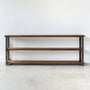 Long Farmhouse Wood + Metal Bookshelf Pictured In Walnut Clear &amp; Blackened Metal