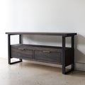 2-Drawer Modern Industrial Media Console Pictured in White Oak/ Black &amp; Blackened Metal 