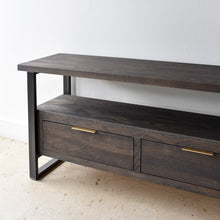 2-Drawer Modern Industrial Media Console Pictured in White Oak/ Black &amp; Blackened Metal 