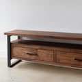 2-Drawer Modern Industrial Media Console Pictured in Walnut/ Clear &amp; Blackened Metal 