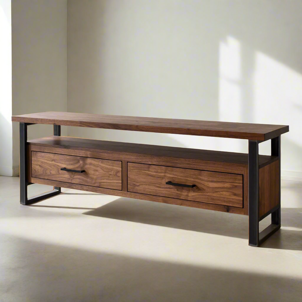 2-Drawer Modern Industrial Media Console Pictured in Walnut/ Clear & Blackened Metal 