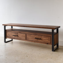 2-Drawer Modern Industrial Media Console Pictured in Walnut/ Clear &amp; Blackened Metal 