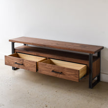 2-Drawer Modern Industrial Media Console Pictured in Walnut/ Clear &amp; Blackened Metal 