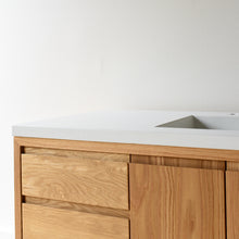 Pictured in White Oak/ Clear with Routed Finger Pull &amp; White Concrete Top