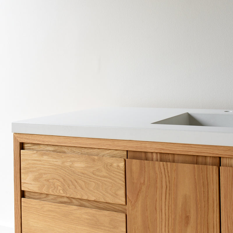 60&quot; Modern Wood Vanity / Single Sink Pictured in White Oak/ Clear with Routed Finger Pull - Featured with our &lt;a href=&quot;https://wwmake.com/products/60inch-integral-single-sink-vanity-top-tfc&quot;&gt; Concrete Vanity Top With Integral Sink &lt;/a&gt; in White