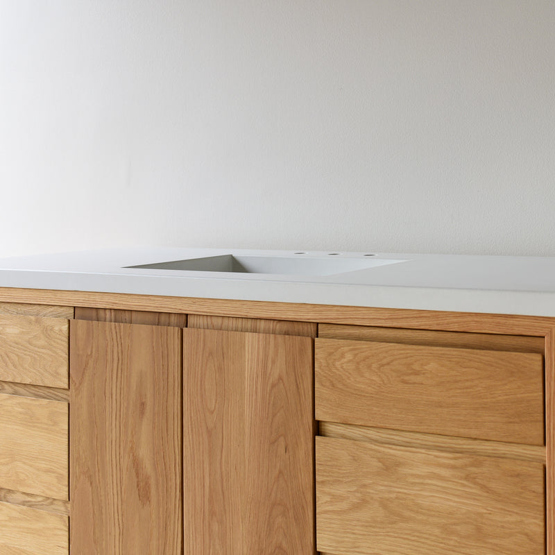 60&quot; Modern Wood Vanity / Single Sink Pictured in White Oak/ Clear with Routed Finger Pull - Featured with our &lt;a href=&quot;https://wwmake.com/products/60inch-integral-single-sink-vanity-top-tfc&quot;&gt; Concrete Vanity Top With Integral Sink &lt;/a&gt; in White