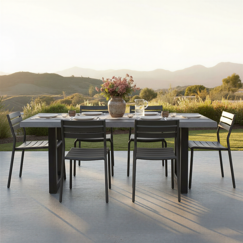 Industrial Modern Indoor/ Outdoor Concrete Dining Table Pictured in Gray Concrete and Blackened Metal
