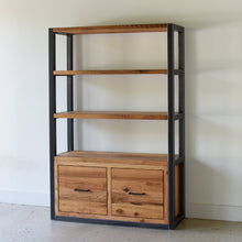 Modern Industrial Bookshelf With Drawers Pictured In Reclaimed Oak Clear &amp; Blackened Metal