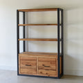 Modern Industrial Bookshelf With Drawers Pictured In Reclaimed Oak Clear &amp; Blackened Metal