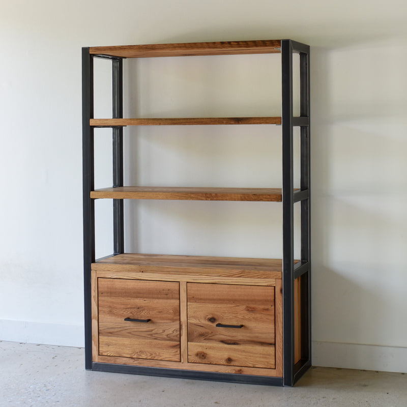 Modern Industrial Bookshelf With Drawers Pictured In Reclaimed Oak Clear &amp; Blackened Metal
