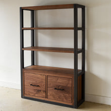 Modern Industrial Bookshelf With Drawers Pictured In Walnut Clear &amp; Blackened Metal
