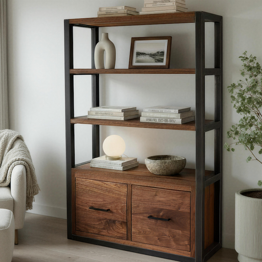 Modern Industrial Bookshelf with Drawers