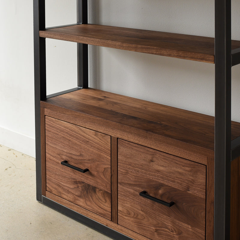 Modern Industrial Bookshelf With Drawers Pictured In Walnut Clear &amp; Blackened Metal