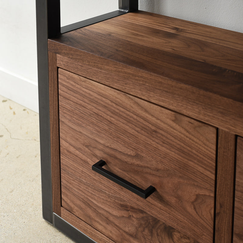 Modern Industrial Bookshelf With Drawers Pictured In Walnut Clear &amp; Blackened Metal