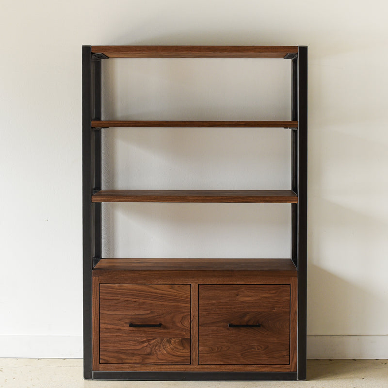 Modern Industrial Bookshelf With Drawers Pictured In Walnut Clear &amp; Blackened Metal